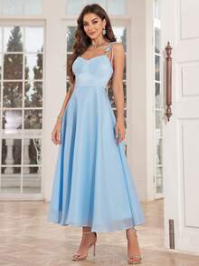 Tie-Up A-Line Organza Bridesmaid Dress - Blue - View 6