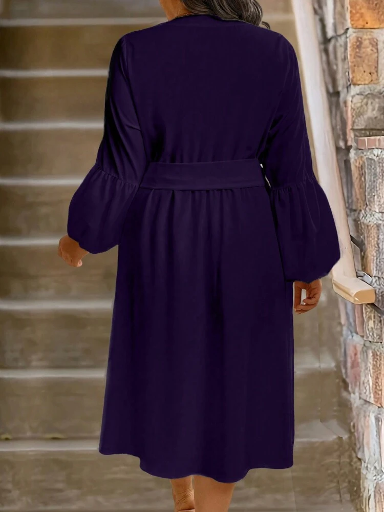 Plus Size Solid Color Surplice Neck Lantern Sleeve Dress With Belt Fall Cloth For Women