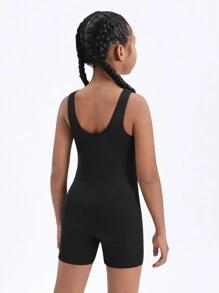 SHEIN Quần legging tập luyện liền mảnh màu đen mềm mại và thoải mái cho bé gái tuổi mới lớn dành cho thể thao, yoga, thể dục, đạp xe và chạy bộ - màu đen - Xem 2