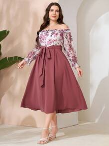 Modelyn Random Floral Printed Plus Size Off-Shoulder Long Sleeve Spring/Summer Dress Maxi Women Outfit Long Evening Dresses