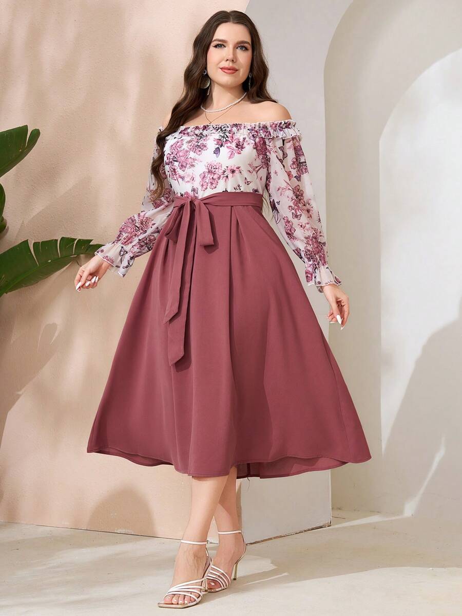 Modelyn Random Floral Printed Plus Size Off-Shoulder Long Sleeve Spring/Summer Dress Maxi Women Outfit Long Evening Dresses