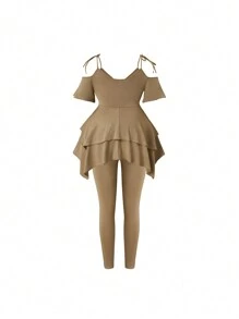 SHEIN Clasi Plus Size Fashionable Cut Top And Pants Two-Piece Set - Khaki - View 2