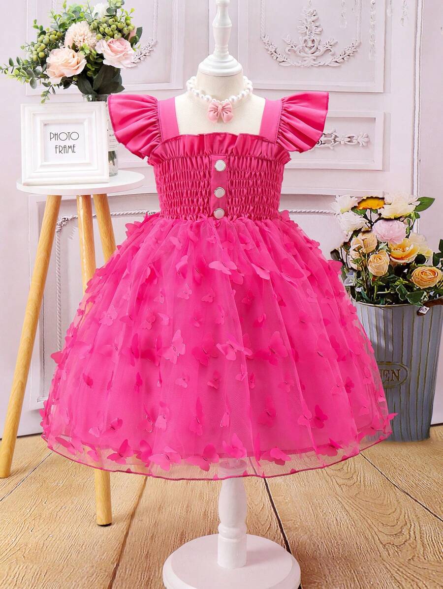 SHEIN Vestido De Mariposas Para Jóvenes Con Aplicación De Mariposa Y Diferentes Tejidos Con Dobladillo Con Volantes - Rosa Fucsia - Ver 1