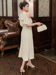 DAZY Women Solid Color Open Shoulder Halter Neck Dress For Summer Prom Dress Sundress,Formal Women Dresses Elegant Women Dresses - Beige - View 5