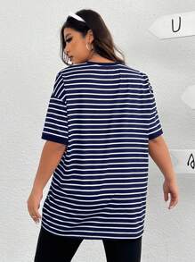 SHEIN EZwear 大码条纹宽松落肩短袖 T 恤夏季大码 T 恤女式上衣大码 - 藏蓝色 - 查看 2