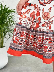 SHEIN 少女編織花卉圓領Fit-And-Flare度假洋裝 - 紅色 - 查看 6