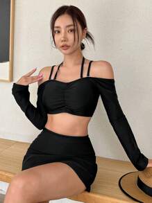 DAZY Ladies Solid Color Open Shoulder Long Sleeve Tankini With Ruffle Design For Vacation Summer,Beach Women Outfits