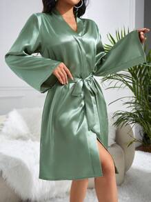 Elegant Embroidery Belted Women Sleepwear Robe For Spring And Summer Luxe Loungewear, Cozy And Elegant Details, Fall & Winter - Mint Green - View 4