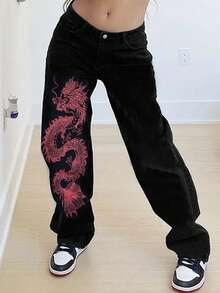 中國龍圖案闊腿牛仔褲 - 黑色 - 查看 3