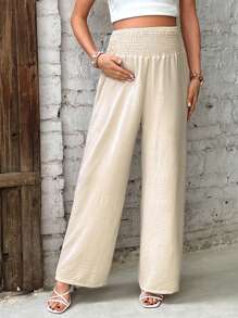 SHEIN Maternity Solid Color Drawstring Wide Leg Loose Casual Straight Pants - Apricot - View 5