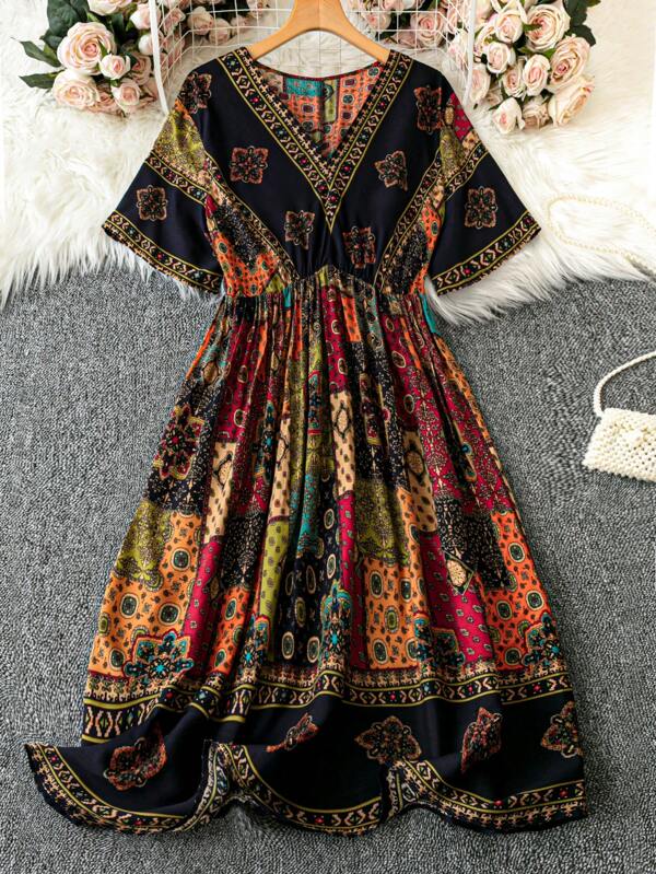 SHEIN LUNE Rochie de vară cu mâneci scurte, cu decolteu în V, cu model boem, de marimi mari
