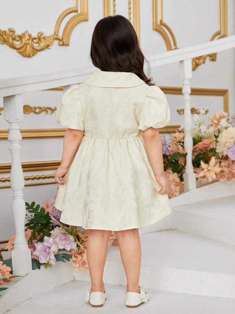 Young Girls' Solid Color Puff Sleeves Double-Breasted Dress