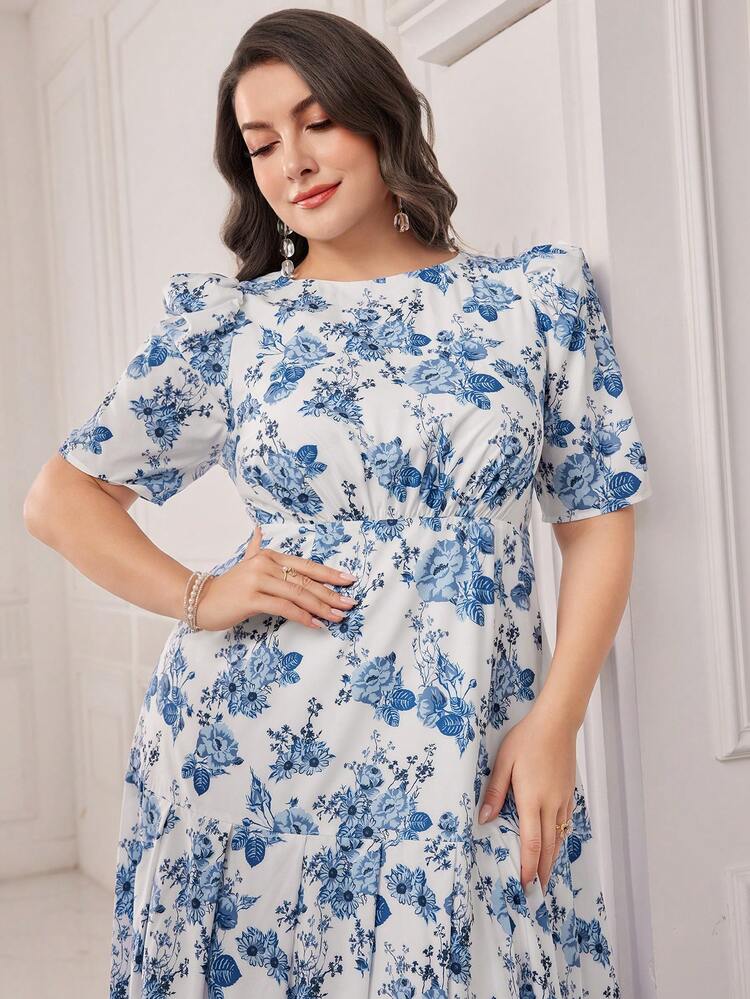 Women Flower Print Short Sleeve Plus Size Dress