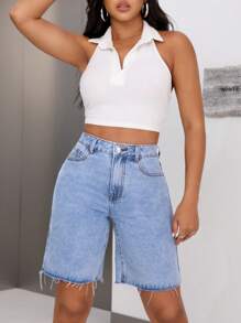 SHEIN SXY 淺藍色洗水原邊牛仔短褲 - 淺色水洗藍 - 查看 1