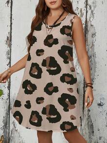SHEIN LUNE Vestido casual de verano para mujer de talla grande con estampado de leopardo por debajo de la rodilla para vacaciones - Albaricoque - Ver 4