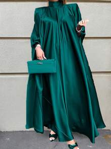 Women's Stand Collar Batwing Sleeve Long Arabic Abaya Robe - Dark Green - View 1