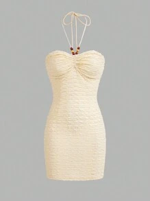 SHEIN WYWH Women Solid Color Textured Backless Halter Neck Dress For Summer - Apricot - View 1