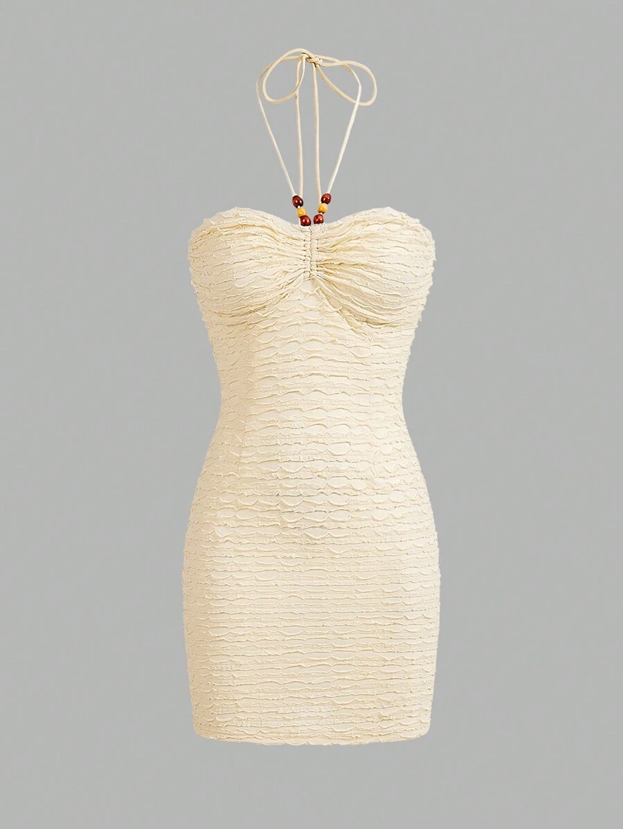 SHEIN WYWH Women Solid Color Textured Backless Halter Neck Dress For Summer - Apricot - View 1