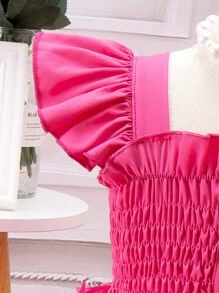 SHEIN Vestido De Mariposas Para Jóvenes Con Aplicación De Mariposa Y Diferentes Tejidos Con Dobladillo Con Volantes - Rosa Fucsia - Ver 4