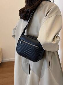 Solid Color Diamond Pattern Simple & Elegant Fashionable Shoulder Bag For School, Work, Leisure, Travel - Black - View 11