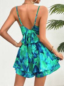 Breezaya 女士夏季扎染連身短褲，腰部空心設計，前面鈕扣 - 藍色 - 查看 2