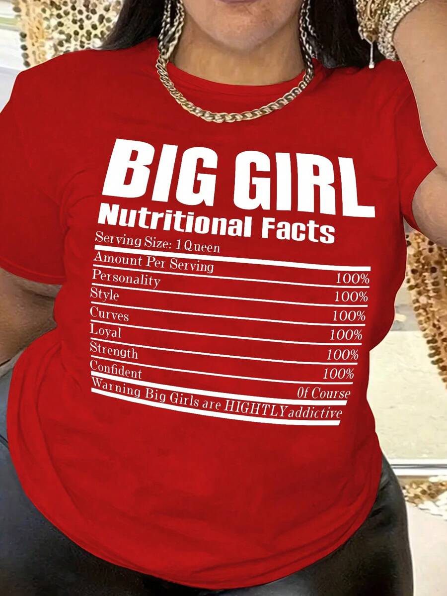 INAWLY Áo thun tay ngắn in hình cỡ lớn có khẩu hiệu về thông tin dinh dưỡng mùa hè, phục vụ theo phong cách cá nhân, đường cong, lòng trung thành, sức mạnh, sự tự tin, cảnh báo, cực kỳ gây nghiện, áo thun nữ - Đỏ - Xem 1