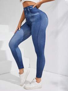 Easithlete 牛仔效果运动紧身裤 - 藍色 - 查看 2