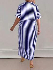 SHEIN LUNE 大尺碼女條紋 V 領高開衩連身裙 - 彩色 - 查看 2