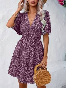 SHEIN LUNE Summer Ditsy Floraled V-Neck Dress With Cinched Waist And Ruffled Sleeves Burgundy Color Women Outfit