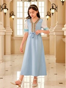 補間女童拼布毛絨袖口束腰帶 A 字連身裙 - 彩色 - 查看 3