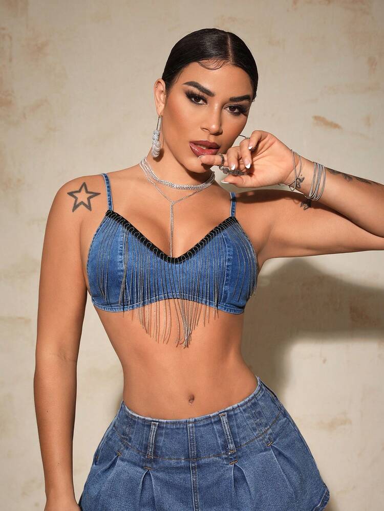 Summer Fashion Street Music Festival Fringe Trim Ultra Crop Denim Camisole Top