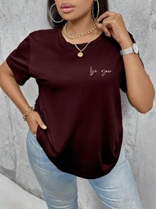 Flirla 大码短袖夏季 T 恤，印有口号，做你自己，你是被爱的，是值得的，是美丽的，是坚强的，是重要的，是强大的，是特别的，是足够的，做你自己 - 酒紅色 - 查看 3