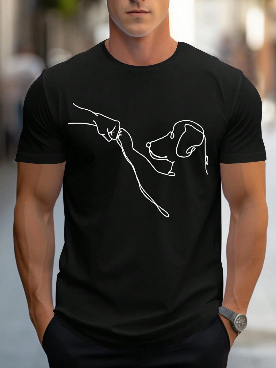 男士卡通印花圆领休闲通勤 T 恤，夏季 - 黑色 - 查看 1