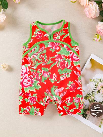 Baby Girl Cute Vintage Dongbei Flower Printed Sleeveless Romper For Spring/Summer