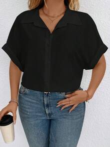 SHEIN LUNE 大碼女性夏季鬆身短袖純色蝙蝠袖上衣，設有側開叉背部 - 黑色 - 查看 4