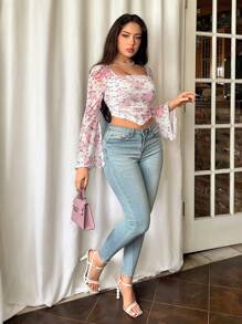 Firerie Floral Print Slim Fit Short Cropped T-Shirt With Bell Sleeves For Spring/Summer