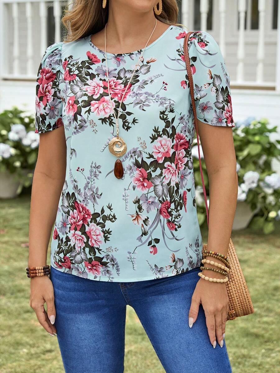 EMERY ROSE Women Round Neck Casual Flower Print Shirt,Short Sleeve Tops - Multicolor - View 1