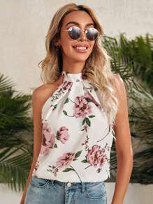 SHEIN Clasi Tie Back Floral Print Top - White - View 3