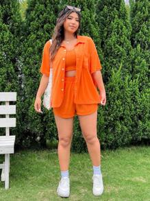 SHEIN EZwear Conjunto de 3 peças sólidas para o verão: jaqueta de gola colorida, camisole e shorts soltos em tecido de toalha laranja confortável para casa e lazer, tamanho plus size feminino - Laranja - Visão 5