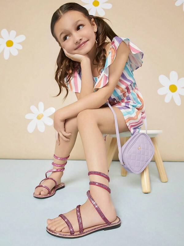 Mini mi Children Rhinestone Embellished Flat Sandals With Wrap-Around Design, Perfect For Vacation