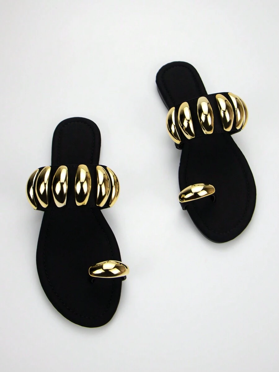 Women Fashionable Black Lycra Fabric Comfortable Flat Sandals With Gold Hardware Buckle Decoration And Round Toe Thong For Daily Wear,Spring Summer Outfits