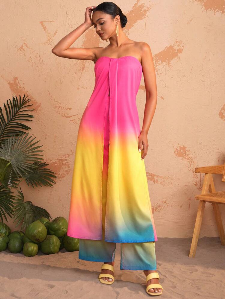 Designer Boho Bohemian Women Gradient Color Printed Tube Top And Pants Set, For Summer, Holiday, Vacation, Spring, Going Out, Festival, Ibiza Fits