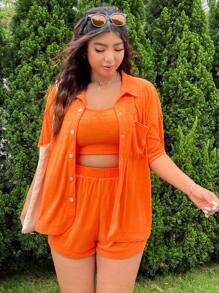 SHEIN EZwear Conjunto de 3 peças sólidas para o verão: jaqueta de gola colorida, camisole e shorts soltos em tecido de toalha laranja confortável para casa e lazer, tamanho plus size feminino - Laranja - Visão 1