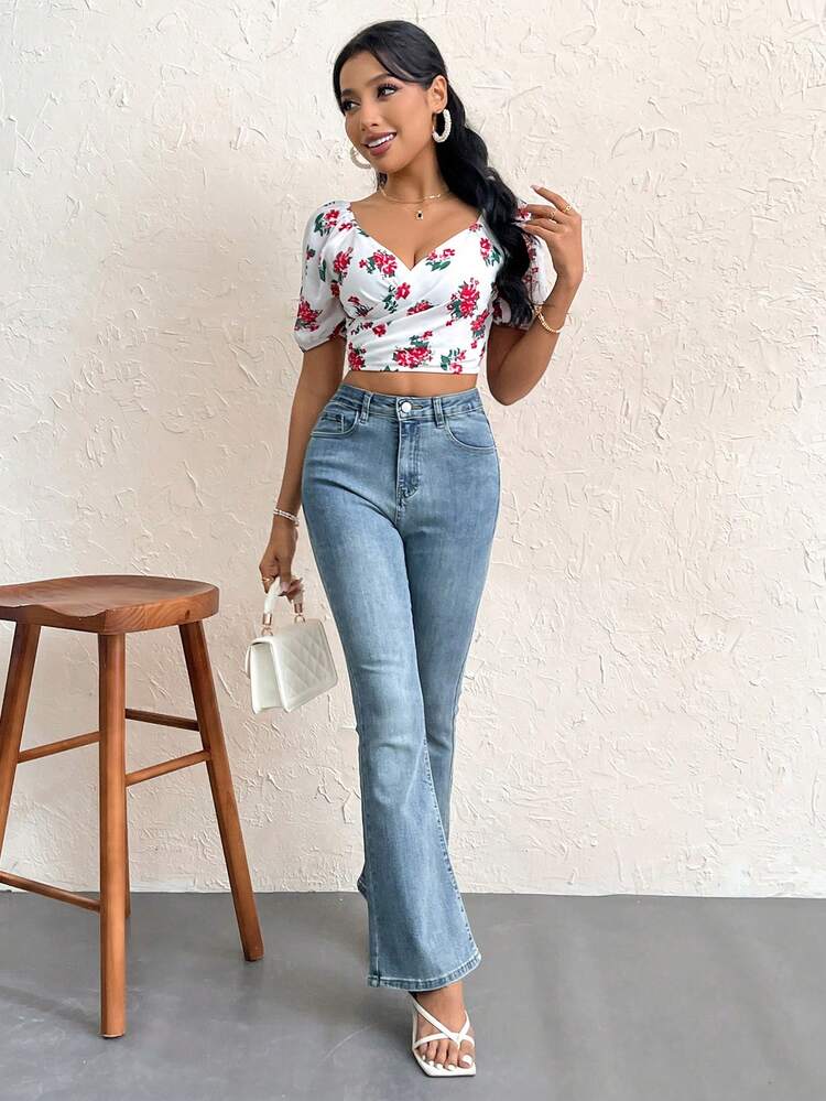 Women Summer Chiffon Floral Printed Cross Collar Puff Sleeve Blouse With Pleats