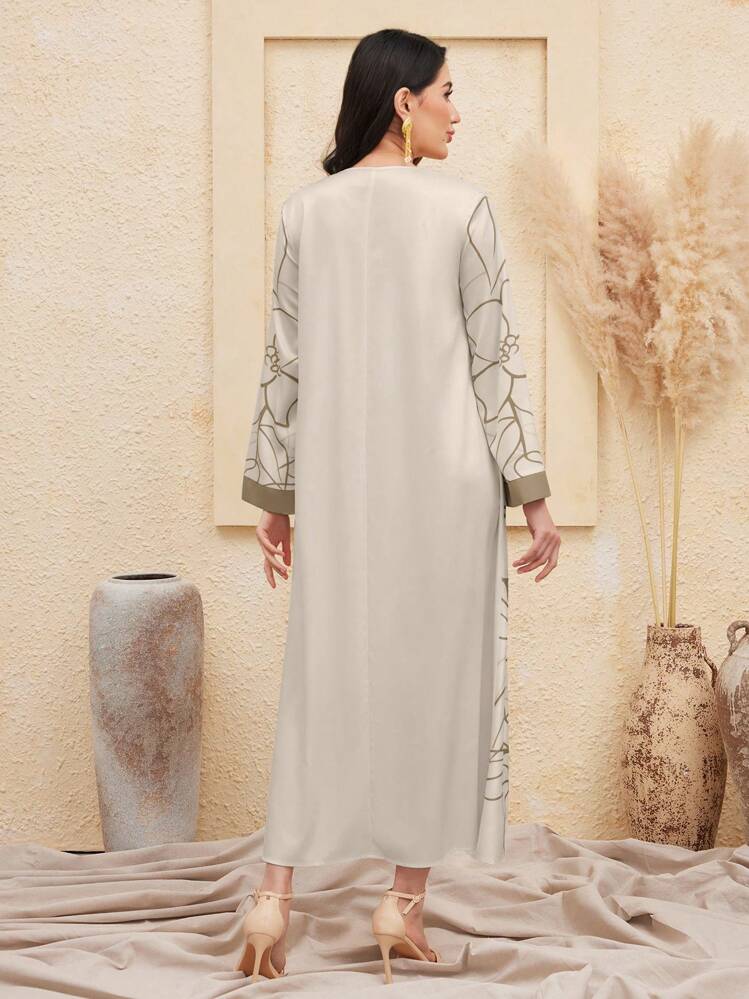 Al Najma Vestido modesto de manga larga con estampado floral simple para mujer, estilo árabe - Caqui - Añade 2