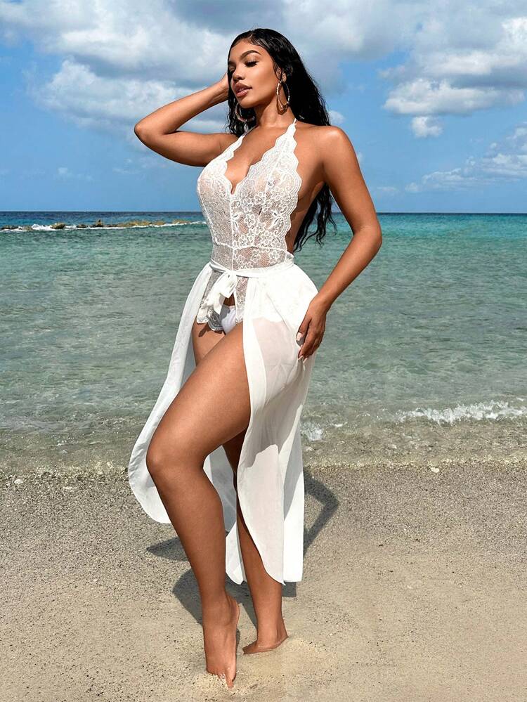Vacation Set Summer White Bohemian Lace Halterneck And Strap Jumpsuit With Shrug Skirt Sexy Two-Piece Set