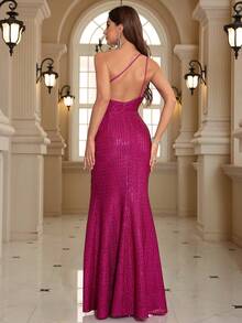 Women's Christmas Sequin Spaghetti Strap Slit Fishtail Evening Dress Wedding Elegant Spring Party - Hot Pink - View 2