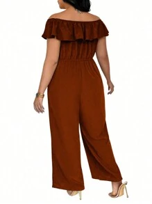 SHEIN Clasi Plus Size Women's Ruffle Trim Off Shoulder Jumpsuit - Burnt Orange - View 2