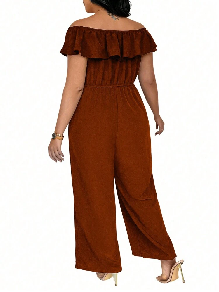 Plus Size Women's Ruffle Trim Off Shoulder Jumpsuit