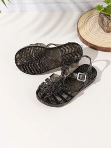 Girls' Crystal Jelly Sandals Beach Flat Shoes For Summer - Black - View 6